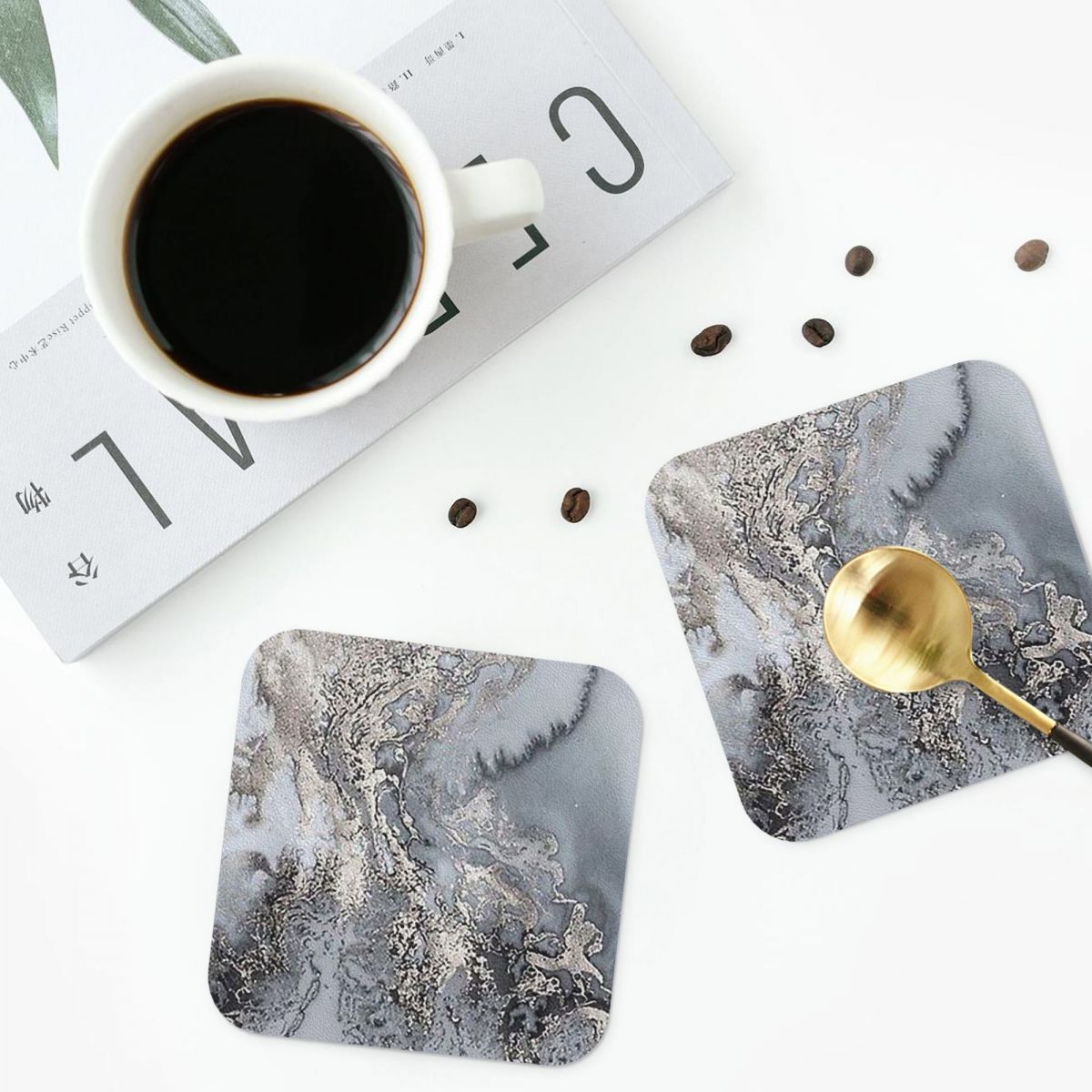 Marble Coaster Set - Posavasos de mármol gris y plateado,